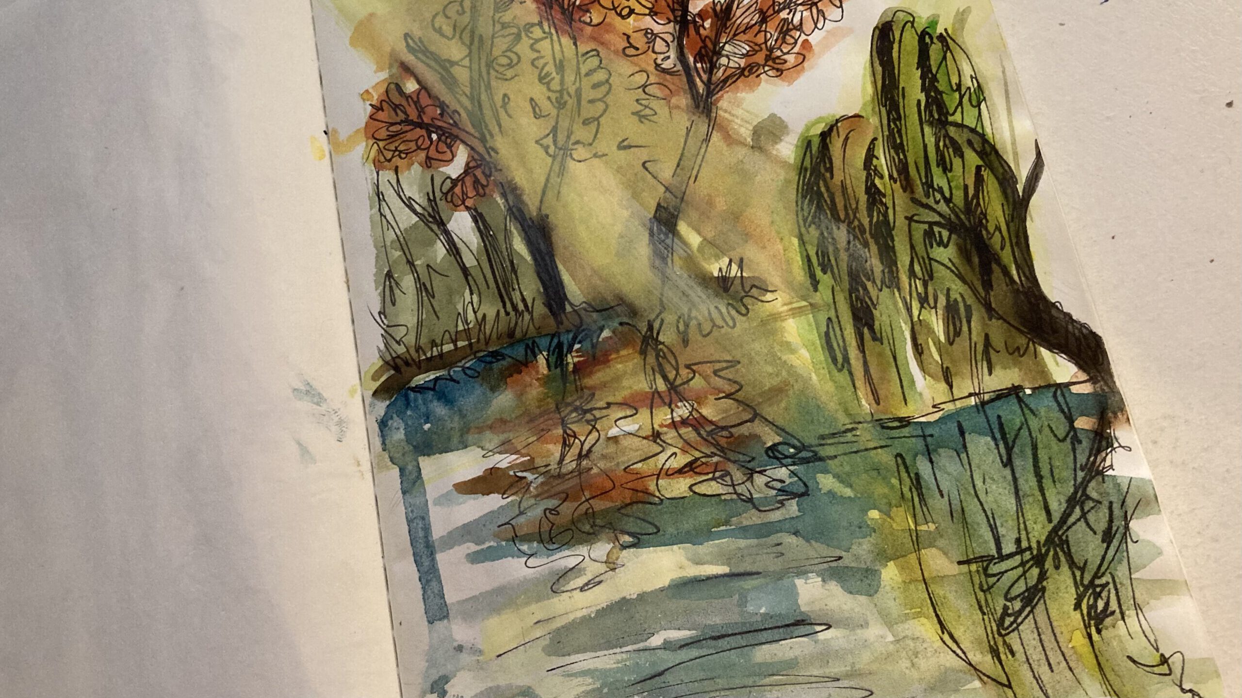 Aquarellzeichnung in Skizzenbuch, Wasserfall mit Brücke abstrakt mit Konturlinien